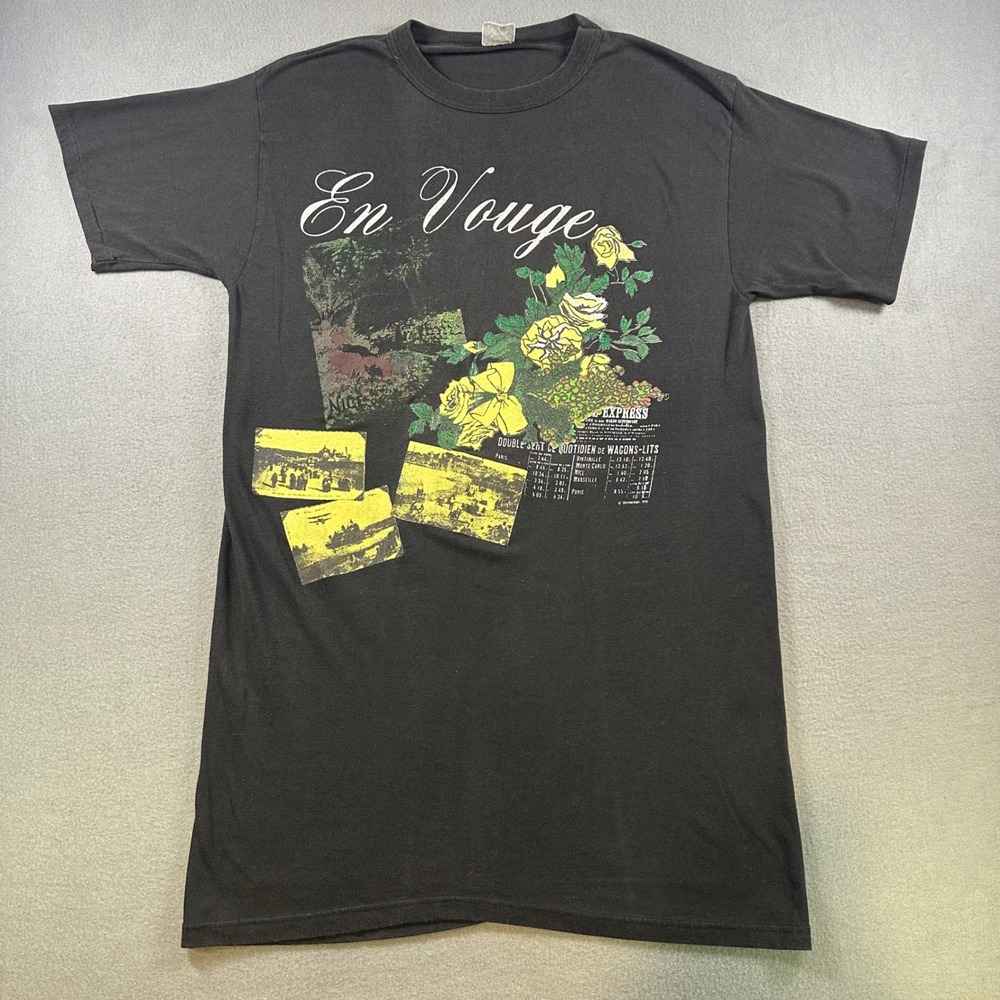 Vintage En Vouge Graphic T-Shirt Black Yellow Roses French Postcard Print Large